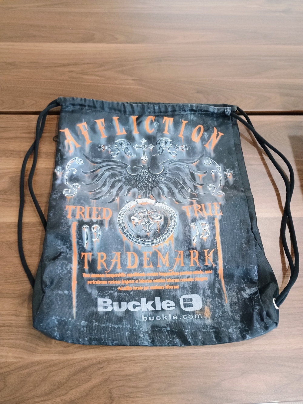 Affliction Black and Orange Drawstring Travel Bag